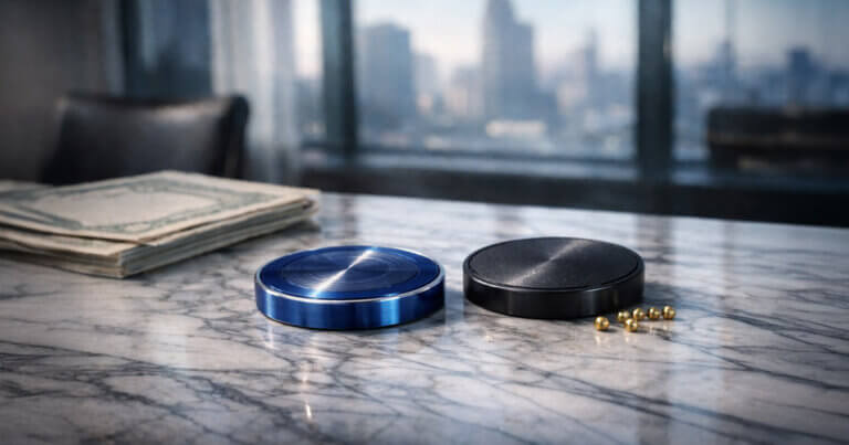 Blue and black metal tokens on a marble table beside cash in a city office, illustrating tokenized Treasuries surpassing $10B as USYC overtakes BUIDL for unexpected reasons
