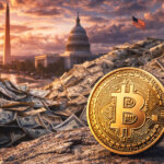 A Bitcoin coin stands before massive piles of US dollar bills with the Capitol and Washington Monument at sunset, illustrating why rising national debt matters for crypto traders.