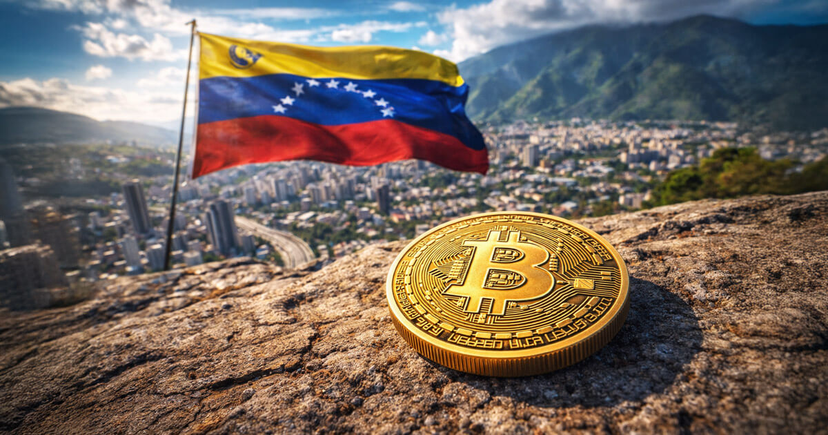 A gold Bitcoin coin on a rocky overlook with the Venezuelan flag above a sprawling cityscape, illustrating reports of Venezuela’s hidden $60 billion Bitcoin reserve.
