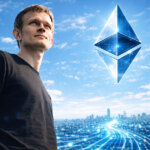 Vitalik Buterin stands against a digital cityscape with a glowing Ethereum symbol overhead, highlighting his newly revealed vision for Ethereum’s direction in 2026.