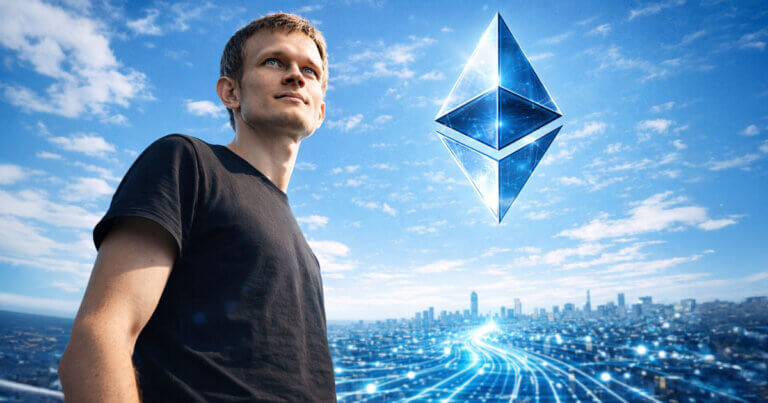 Vitalik Buterin stands against a digital cityscape with a glowing Ethereum symbol overhead, highlighting his newly revealed vision for Ethereum’s direction in 2026.
