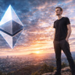 A man standing on a hill at sunset beside a large glowing Ethereum symbol overlooking a city, illustrating Vitalik’s claim that Ethereum has solved the blockchain trilemma.