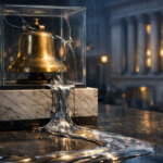 A cracked Wall Street bell leaks molten silver from a glass case, symbolizing traditional markets lagging as Binance and Hyperliquid trade silver 24/7 at scale