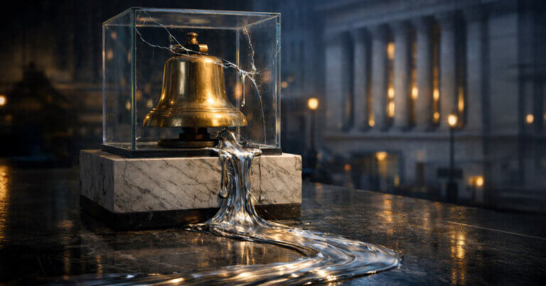 A cracked Wall Street bell leaks molten silver from a glass case, symbolizing traditional markets lagging as Binance and Hyperliquid trade silver 24/7 at scale