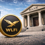 A WLFI coin displayed in front of a traditional bank building, symbolizing Donald Trump’s World Liberty Financial pursuing a banking license to expand its services.