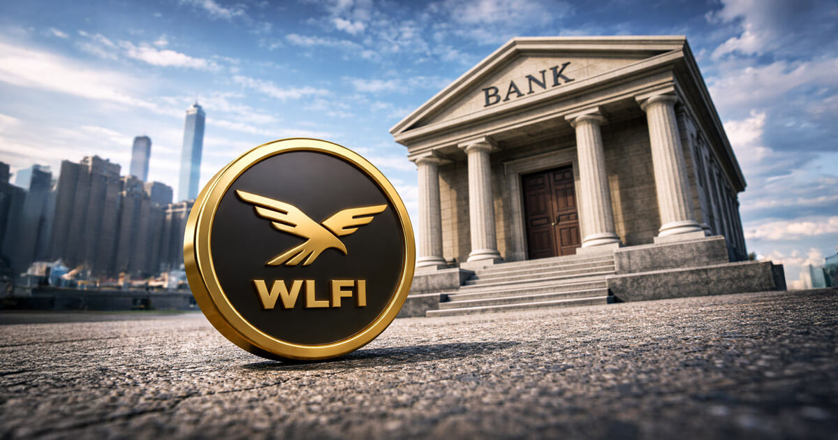 A WLFI coin displayed in front of a traditional bank building, symbolizing Donald Trump’s World Liberty Financial pursuing a banking license to expand its services.