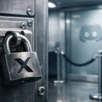 A heavy padlock marked X seals a metal door as Discord looms behind ropes, illustrating API crackdowns and tighter controls reshaping crypto community posting