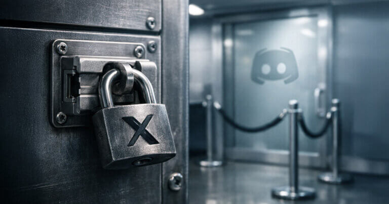 A heavy padlock marked X seals a metal door as Discord looms behind ropes, illustrating API crackdowns and tighter controls reshaping crypto community posting