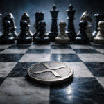 XRP coin sits alone on a chessboard facing opposing pieces, symbolizing strong profits masking deeper age-band risks as market positioning turns more complex