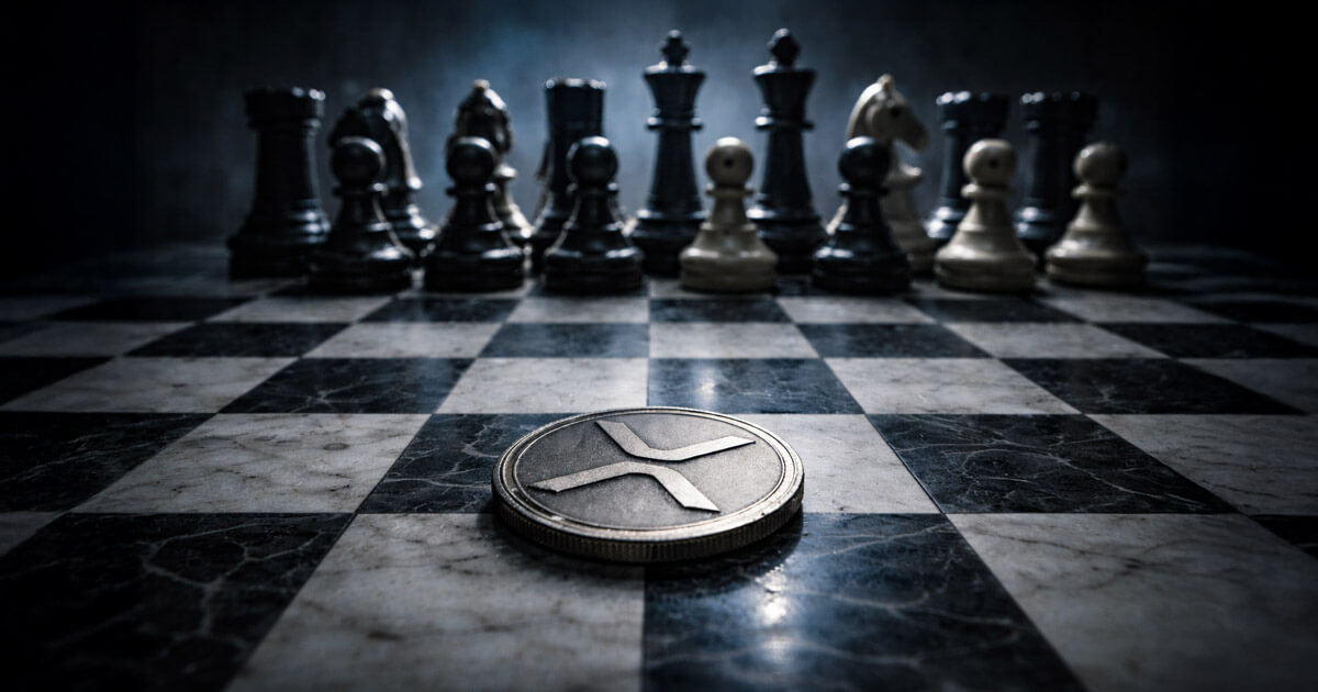 XRP coin sits alone on a chessboard facing opposing pieces, symbolizing strong profits masking deeper age-band risks as market positioning turns more complex