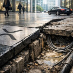 Cracked city pavement with an XRP logo tile over exposed cables as executives walk past, symbolizing Ripple’s institutional wins and XRP Ledger user decline
