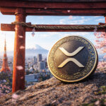 XRP coin displayed under a traditional torii gate overlooking Tokyo and Mount Fuji, symbolizing Japan’s growing regulated crypto on-ramp and XRP’s potential advantage.