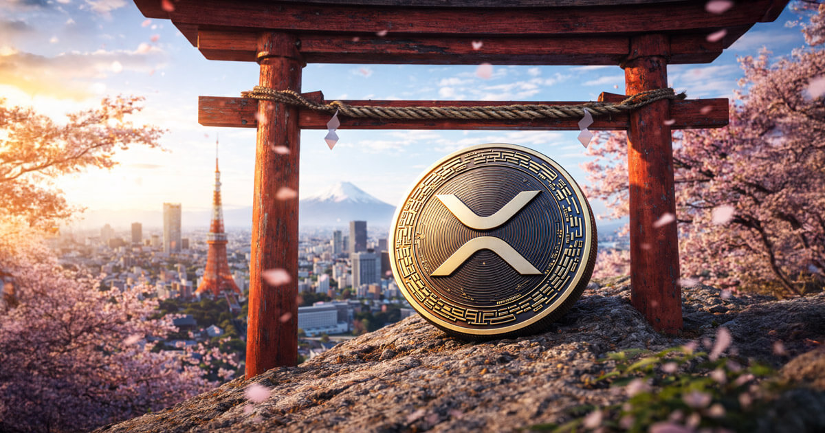 XRP coin displayed under a traditional torii gate overlooking Tokyo and Mount Fuji, symbolizing Japan’s growing regulated crypto on-ramp and XRP’s potential advantage.
