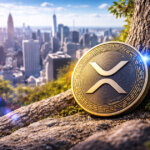 A large XRP coin rests against a tree overlooking a bright New York City skyline, symbolizing the token’s strong early-2026 performance among the top crypto assets.