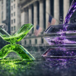 Glass XRP and Solana symbols filled with swirling green and purple liquid on Wall Street, illustrating their rise over Bitcoin and Ethereum as 2025 institutional favorites.