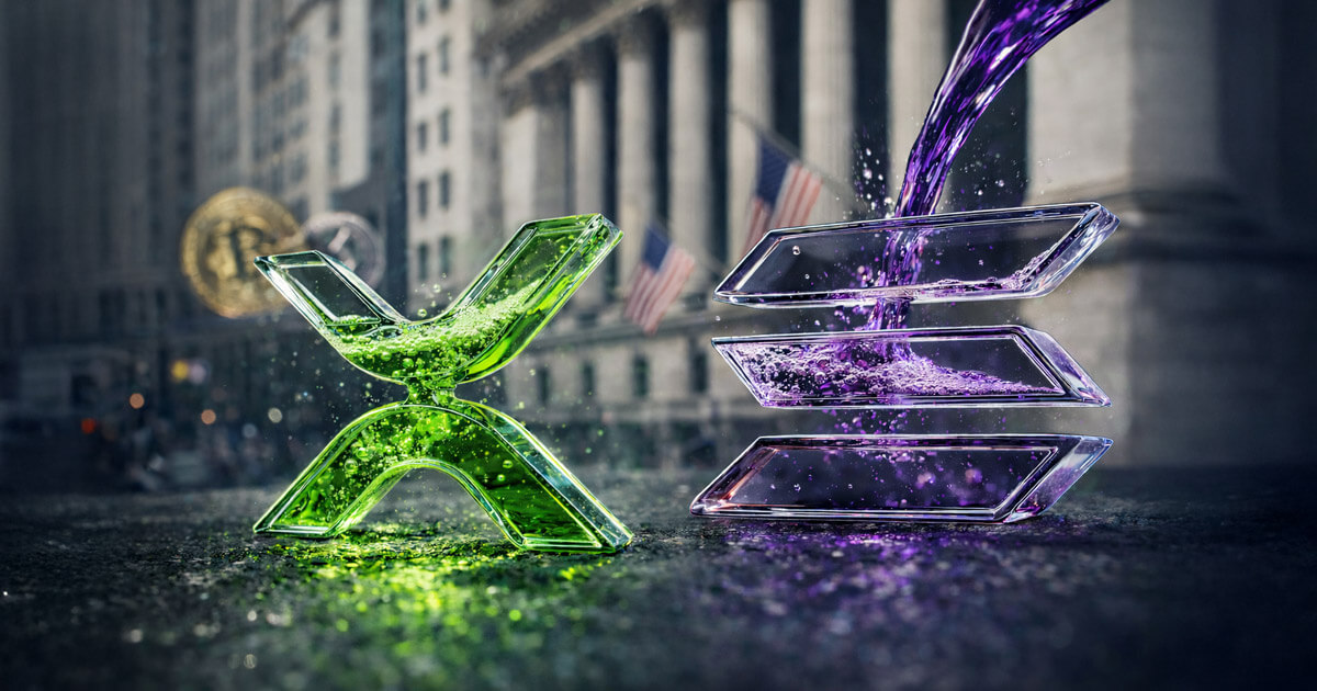 Glass XRP and Solana symbols filled with swirling green and purple liquid on Wall Street, illustrating their rise over Bitcoin and Ethereum as 2025 institutional favorites.