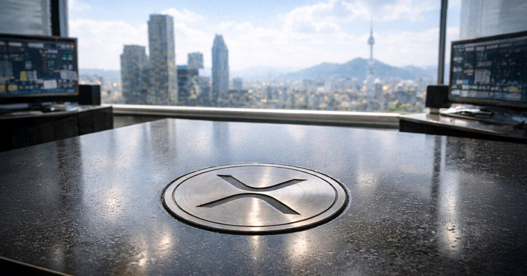 A modern trading desk with the XRP logo overlooking Seoul’s skyline, reflecting how South Korean traders dominated XRP iTrade volumes in 2025