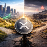 XRP coin at a crossroads splitting toward city growth and market decline, symbolizing 2026 institutional adoption gains versus weakening XRP Ledger activity