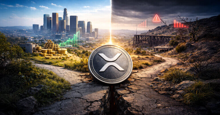 XRP coin at a crossroads splitting toward city growth and market decline, symbolizing 2026 institutional adoption gains versus weakening XRP Ledger activity