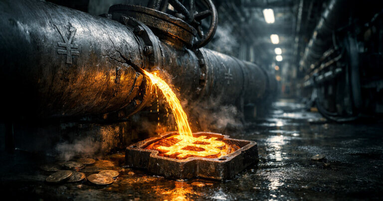 Molten metal pours from industrial pipes stamped with a yen symbol, forging Bitcoin imagery to reflect Japan ending free money and the yen carry trade shifting into BTC demand