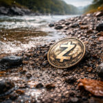 Zcash coin lying on a rocky riverbank as water washes over it, symbolizing today’s sharp price drop and why ZEC is underperforming the broader crypto market