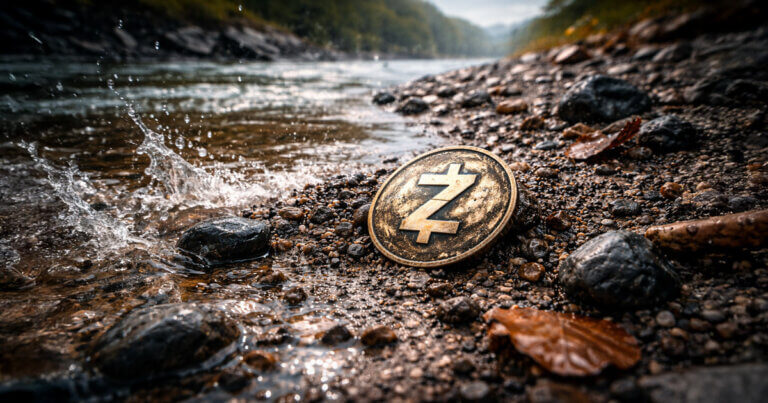 Zcash coin lying on a rocky riverbank as water washes over it, symbolizing today’s sharp price drop and why ZEC is underperforming the broader crypto market