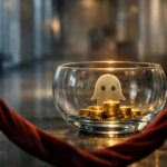 Glass bowl of gold tokens guarded by velvet ropes with a ghost icon, symbolizing Aave DAO revenue growth if the SEC maintains a softer regulatory stance