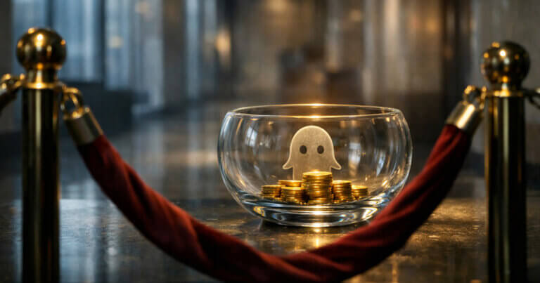Glass bowl of gold tokens guarded by velvet ropes with a ghost icon, symbolizing Aave DAO revenue growth if the SEC maintains a softer regulatory stance