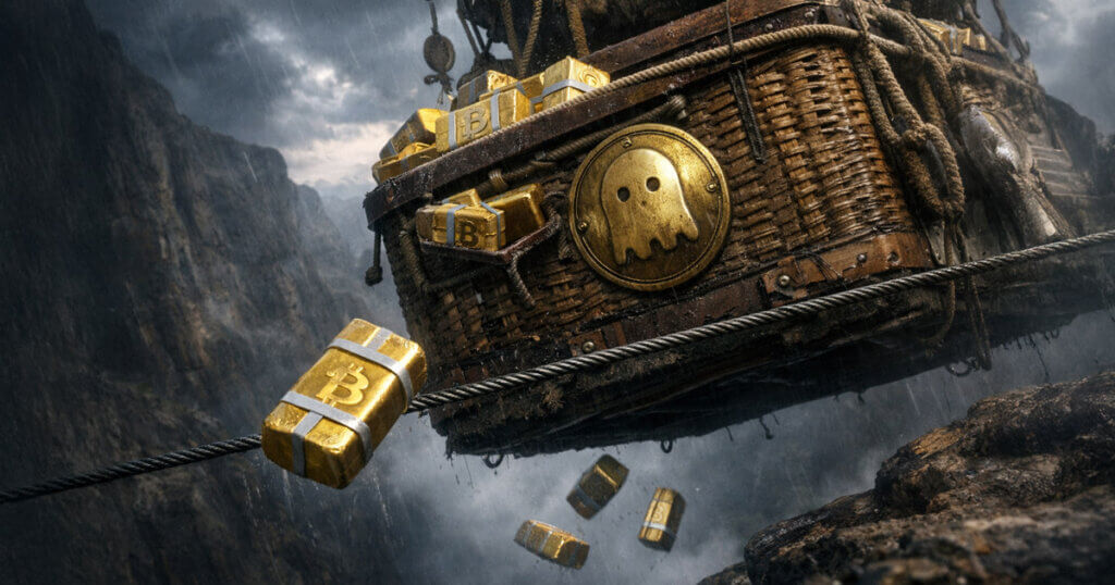 Crate of tokenized Bitcoin bars sliding off a cable bridge into a stormy ravine, symbolizing a World Liberty Financial-linked wallet selling 173 WBTC to avoid Aave liquidation risk