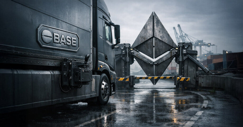 Base-branded truck stopped at a rain-soaked port as a massive Ethereum-shaped steel barrier blocks the road, symbolizing L2 control limits under Ethereum’s new roadmap