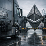 Base-branded truck stopped at a rain-soaked port as a massive Ethereum-shaped steel barrier blocks the road, symbolizing L2 control limits under Ethereum’s new roadmap