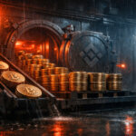 Bitcoin coins rolling on a conveyor into a Binance-branded vault in heavy rain, symbolizing a $4.3B BTC inflow near $74,000 that could shift prices