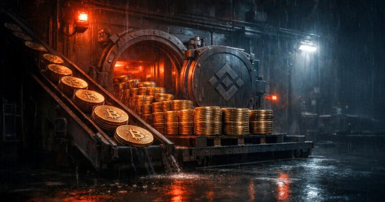 Bitcoin coins rolling on a conveyor into a Binance-branded vault in heavy rain, symbolizing a $4.3B BTC inflow near $74,000 that could shift prices