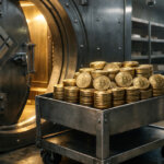 Stacks of Bitcoin coins outside a Binance vault door, illustrating falling exchange reserves despite Bitcoin holdings rising to 655,000 BTC