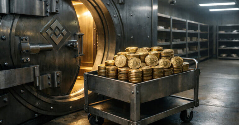 Stacks of Bitcoin coins outside a Binance vault door, illustrating falling exchange reserves despite Bitcoin holdings rising to 655,000 BTC