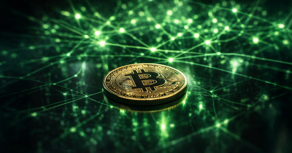 Bitcoin coin glowing against a green AI network backdrop, reflecting a rally tied to Nvidia’s strong quarter and the heightened tech beta risk if the next AI scare impacts markets