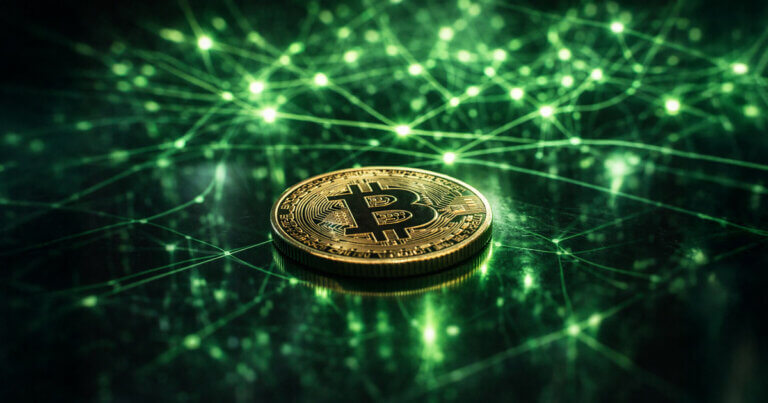 Bitcoin coin glowing against a green AI network backdrop, reflecting a rally tied to Nvidia’s strong quarter and the heightened tech beta risk if the next AI scare impacts markets