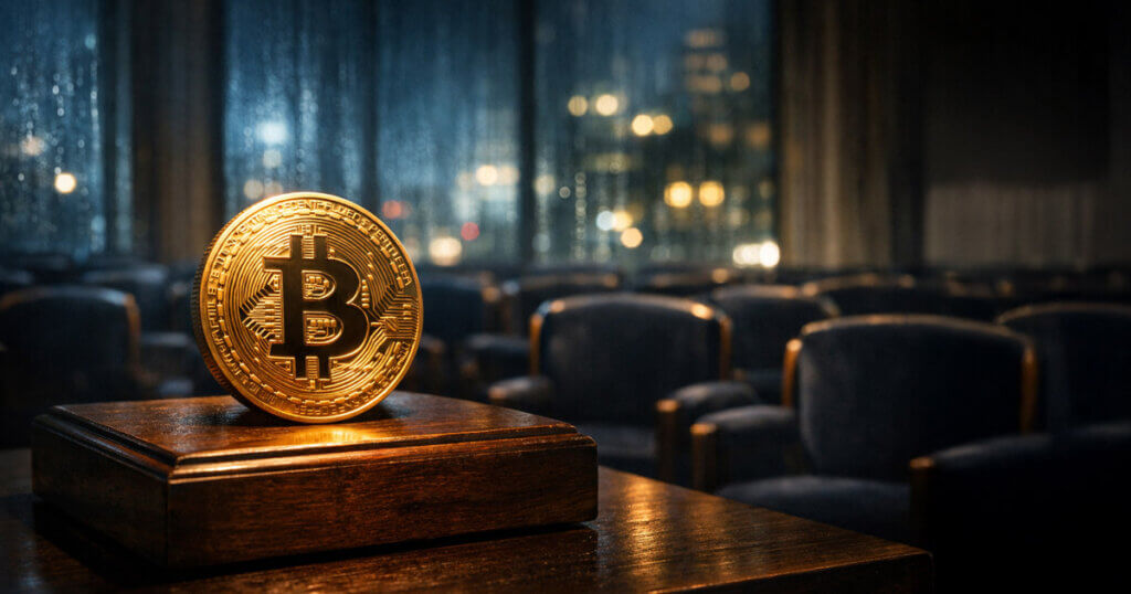 Bitcoin coin displayed on a courtroom-style pedestal in an empty chamber, symbolizing the $3.8 billion question of who will buy Bitcoin after five straight weeks of ETF outflows