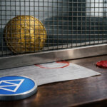 Polymarket China Bitcoin bet contract with bitcoin coin behind a metal barrier and stamped document, symbolizing Ban 2.0 rules that punish buyers.