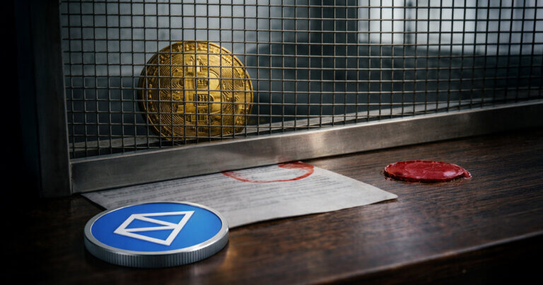 Polymarket China Bitcoin bet contract with bitcoin coin behind a metal barrier and stamped document, symbolizing Ban 2.0 rules that punish buyers.