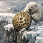 Bitcoin coin on an icy ledge as a bear prowls across a frozen crevasse, symbolizing a bear-market bottom nearing a buy zone with more downside risk ahead