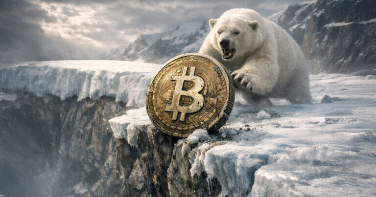 Bitcoin coin on an icy ledge as a bear prowls across a frozen crevasse, symbolizing a bear-market bottom nearing a buy zone with more downside risk ahead