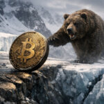 Bitcoin coin on an icy ledge as a bear prowls across a frozen crevasse, symbolizing a bear-market bottom nearing a buy zone with more downside risk ahead