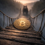 Bitcoin coin resting on a fragile rope bridge over a deep valley, symbolizing record oversold weekly conditions and lingering downside risk despite extreme market stress