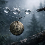 Bitcoin coin hanging by fragile threads beneath bursting water bubbles in a dark forest, symbolizing traders bracing for forced selling as stocks reach a 206% Buffett indicator level