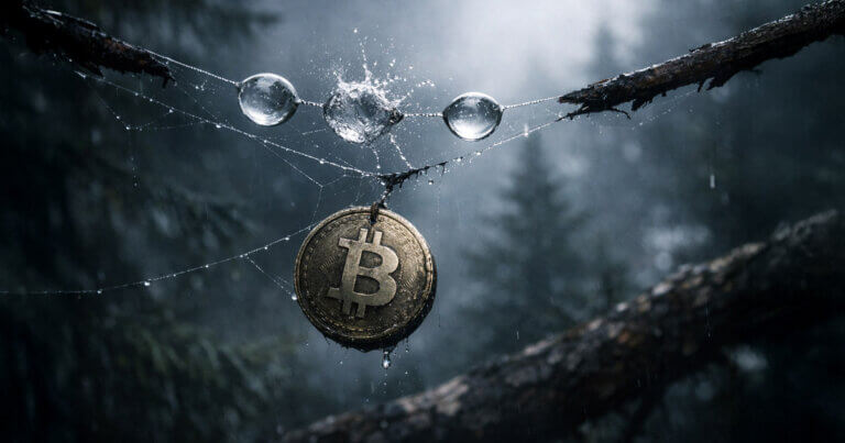 Bitcoin coin hanging by fragile threads beneath bursting water bubbles in a dark forest, symbolizing traders bracing for forced selling as stocks reach a 206% Buffett indicator level