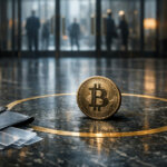 Bitcoin coin positioned inside a gold floor circle in a corporate lobby, symbolizing a defined buy zone as ETF-driven capital reshapes BTC market dynamics