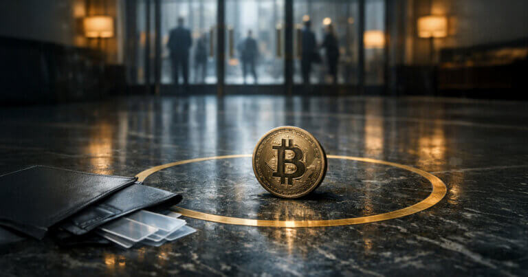 Bitcoin coin positioned inside a gold floor circle in a corporate lobby, symbolizing a defined buy zone as ETF-driven capital reshapes BTC market dynamics