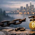 Bitcoin coin hanging from a broken chain overlooking a city skyline, symbolizing declining user activity and $4.5B in ETF outflows in 2026