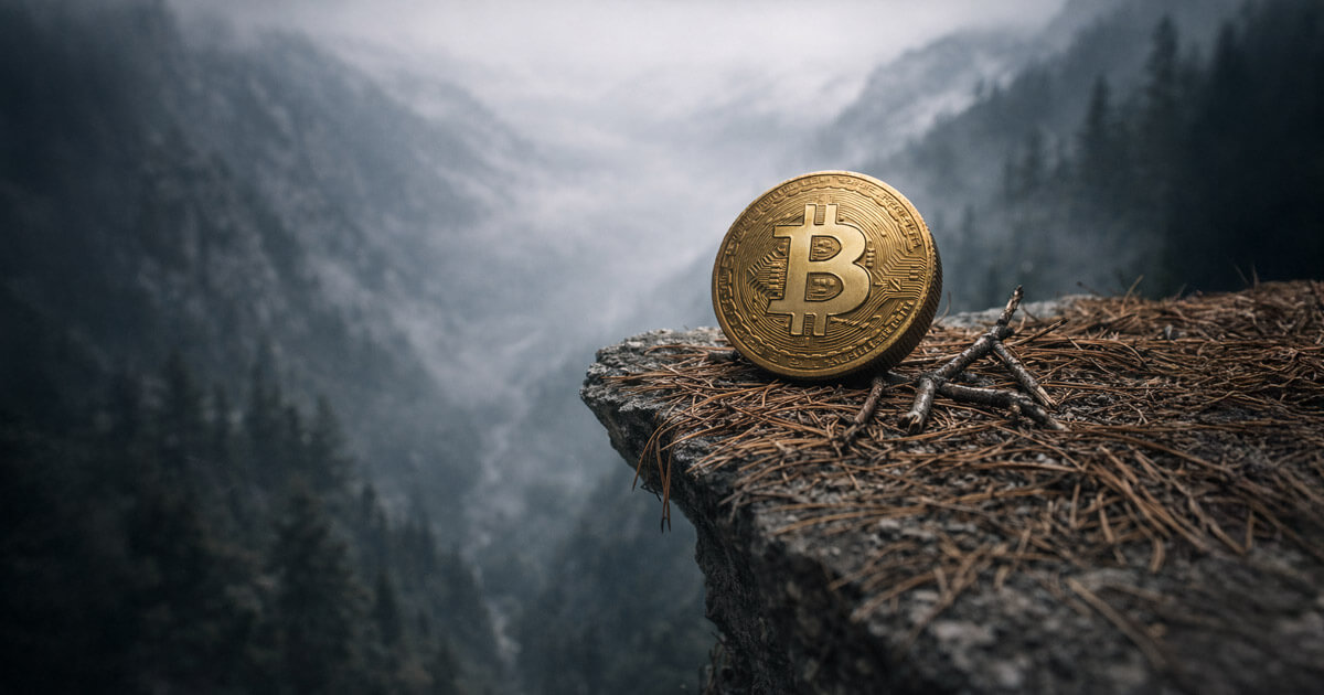 Bitcoin coin teetering on a cliff edge above a foggy valley, symbolizing market pressure as ETF outflows push BTC toward a fifth straight monthly loss and the $58,000 level